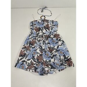 Old Navy Linen Blend Romper Women's Size M Blue Tropical Floral Euro-Summer